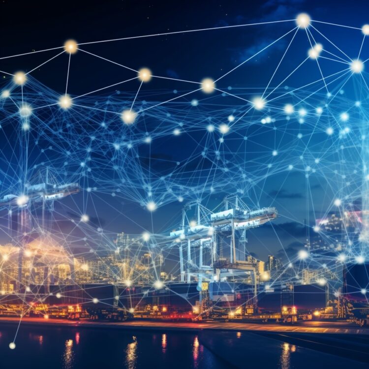 Bridging Borders: The Crucial Role of Port Hinterland Connectivity in Global Trade 54 Optimized cityscape with network lines connected top