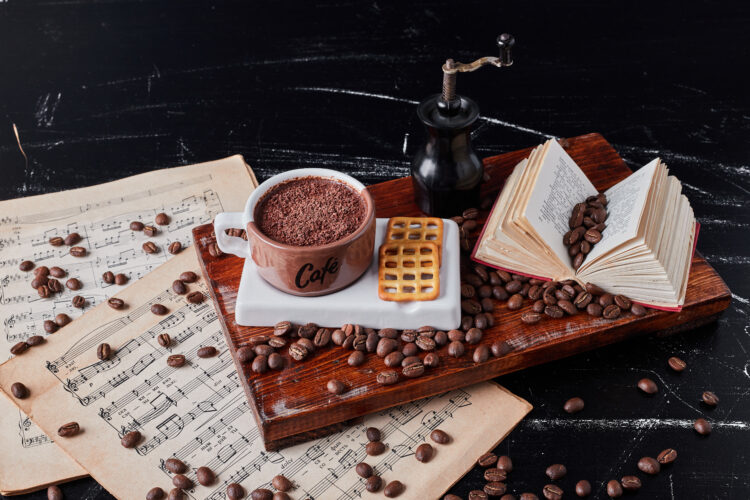 A Symphony of Senses: Chocolate and Coffee, the Perfect Harmony 55 cup coffee with cookies wooden board
