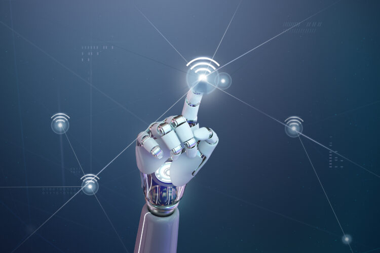 futuristic 5g wireless network ai robot hand tap wifi icon