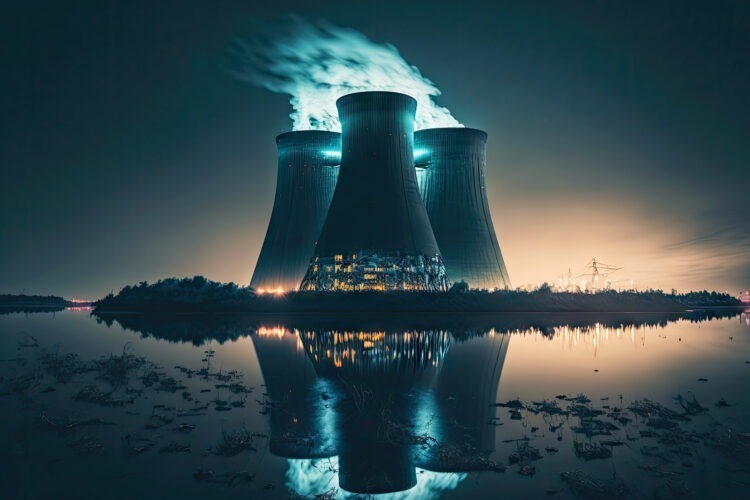 Green Hydrogen Diplomacy: A Blueprint for Global Energy Collaboration 54 nuclear power plant with nuclear reactor illuminated by lights middle night