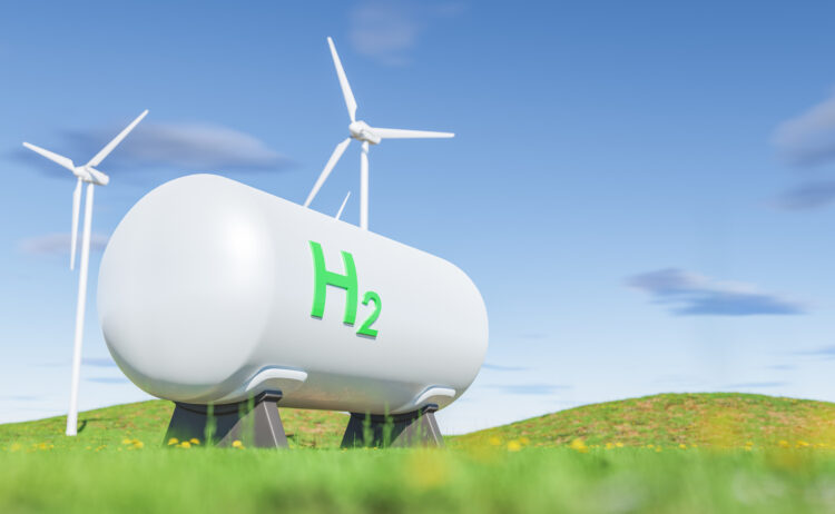 Beyond Boundaries: The Future of Green Hydrogen and the Road to a Carbon-Free Future 53 tanks with gas near wind turbines green field