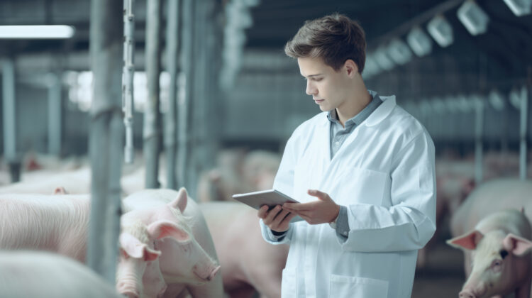 Innovative Technologies in Pig Farming: Revolutionizing Agriculture with Automation and AI 51 experienced veterinarian working checking animals health condition huge pig farm created with generative ai technology