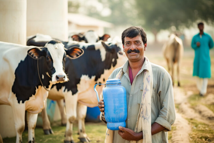 Forging Bonds, Building Resilience: Collaboration and Networking Opportunities for Indian Cow Dairy Farmers 51 there is man standing front herd cows generative ai
