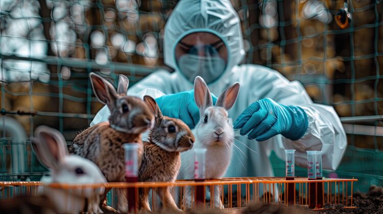 Innovative Rabbit Farming Technologies and Practices: Revolutionizing the Industry 51 veterinarian protective suit takes tests animals farm selective focus 1