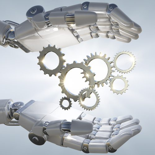 3d rendering robot hand holding metal 3d mechanical gear